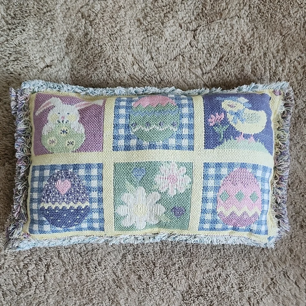 Easter Themed Decorative Pillow with Fringe Edge Pastel Holiday Vintage Tapestry